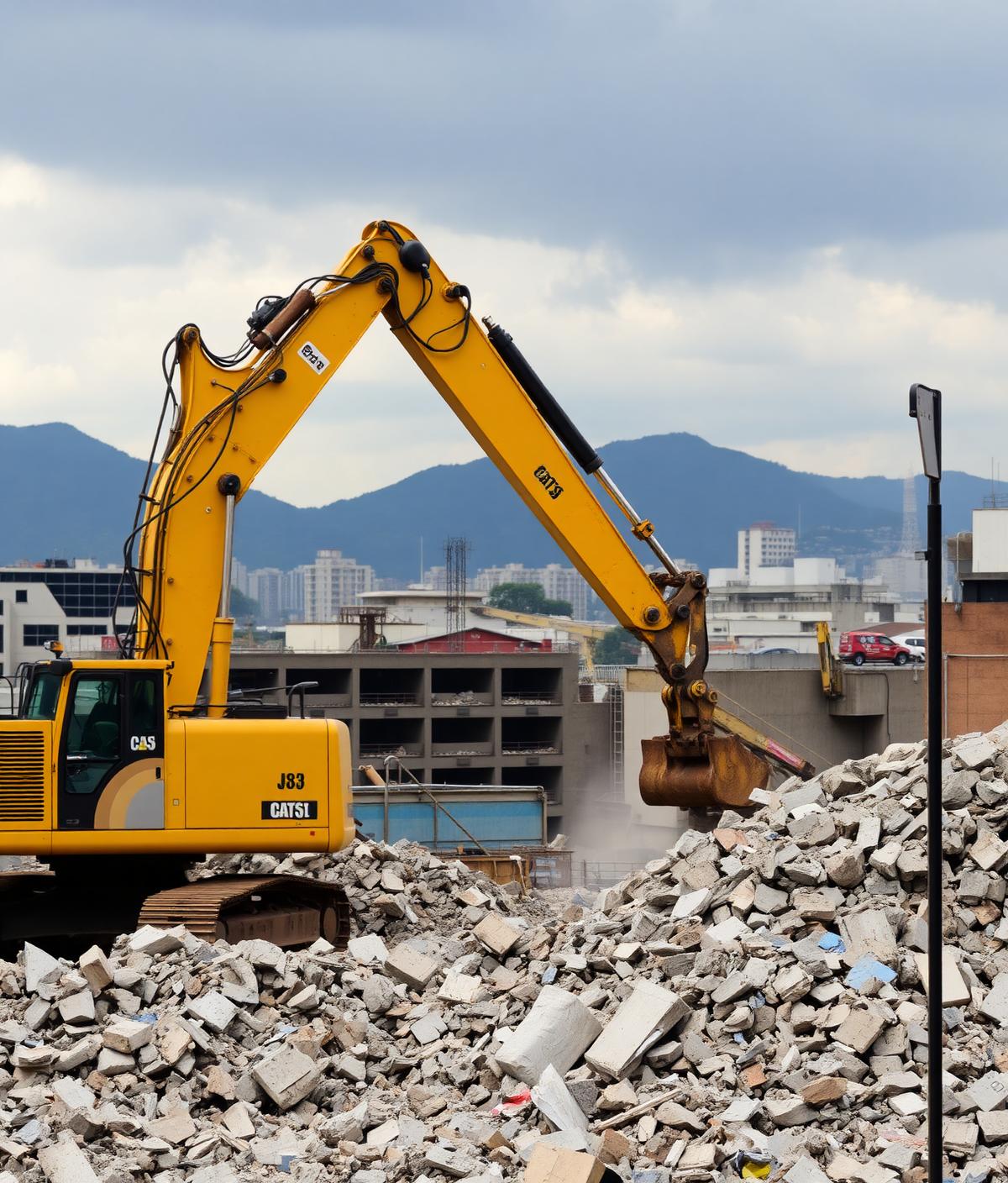Excavadora demoliendo estructura de concreto en Bogotá con escombros organizados